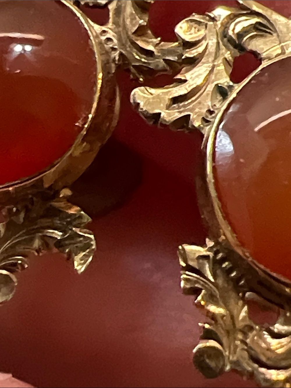 Antique Ornate Etched Carnelian Agate 12k Gold Filled Screwback Earrings - Picture 5 of 6